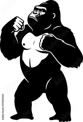 Powerful gorilla warrior flexing muscles in aggressive stance, ready for battle, strong animal icon