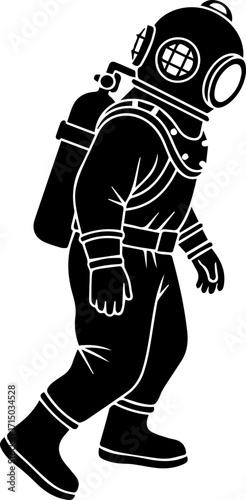 Vintage diver silhouette exploring ocean depths with oxygen tank for adventure and exploration