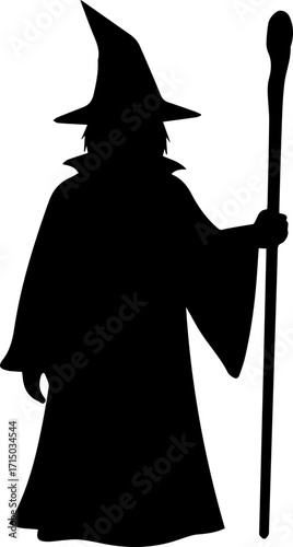 Mysterious wizard silhouette holding magical staff conjuring ancient power for fantasy adventures