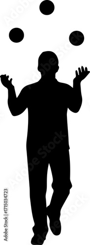 Dynamic silhouette of a person expertly juggling multiple balls in mid-air, capturing skill and focus