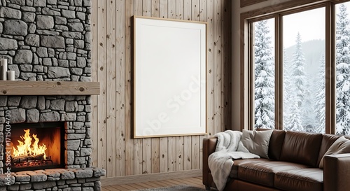 Cozy living room with fireplace and large window showing a winter scene