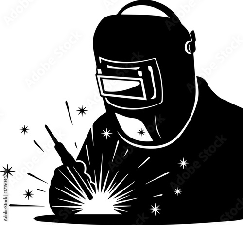 Skilled welder ignites sparks with precision, creating industrial art in a powerful workshop scene.