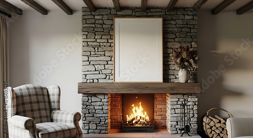 Cozy fireplace scene with plaid chair and blank canvas for art display