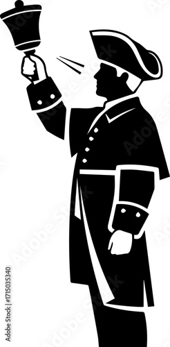 Historic town crier announces important news with loud ringing bell and trumpet fanfare