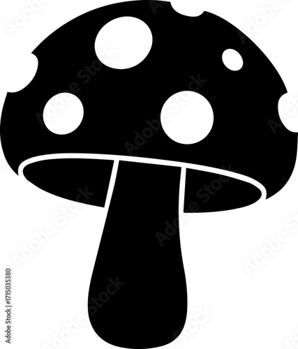 Whimsical black and white mushroom icon with playful polka dots, perfect for fantasy or nature themes.