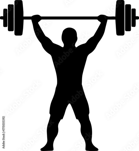 Strong athlete powerfully lifting heavy barbell overhead in dynamic silhouette celebrating fitness achievement