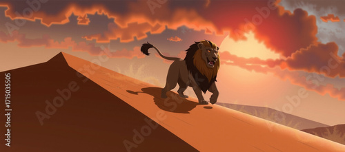 A mythical, ethereal lion walking across a landscape of endless desert dunes