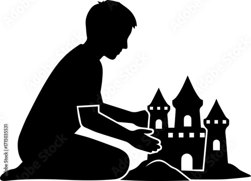 Young child building an impressive sandcastle, capturing imagination and summer joy on the beach