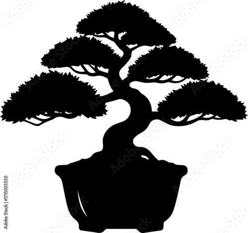 Elegant silhouette of a meticulously shaped bonsai tree in a pot, symbolizing peace, patience, and nature's artistry.