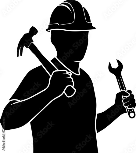 Skilled construction worker holding hammer and wrench ready for building projects