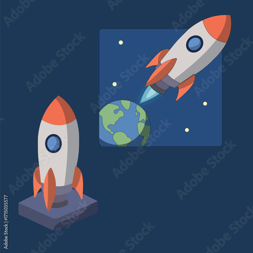 illustration of a rocket and the earth in isometric style part 2