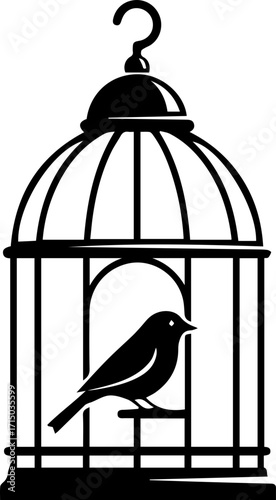 Solitary bird rests inside ornate vintage cage, symbolizing freedom or confinement, elegant design