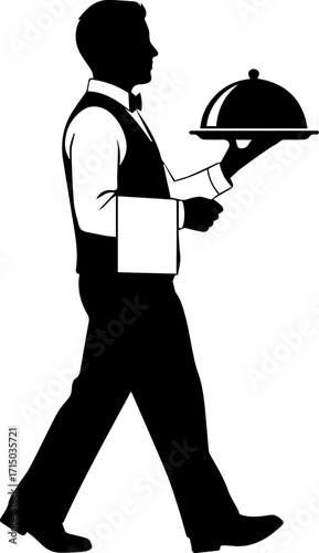 Elegant waiter carrying covered dish with professional poise, ready to serve guests with exceptional service.