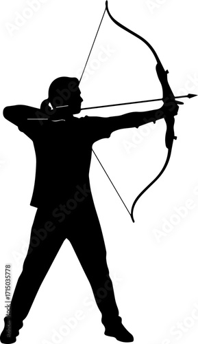 Focused archer aiming bow and arrow, preparing for precise shot, achieving target.