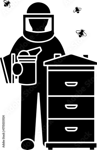 Professional beekeeper in protective suit tending to honeybee hive with buzzing insects nearby