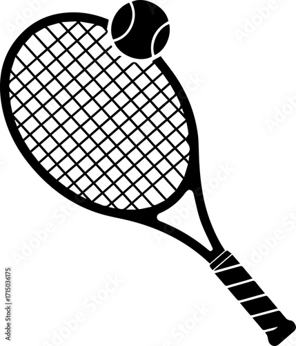 Dynamic tennis racket and ball graphic captures athletic action and competitive spirit for sports branding