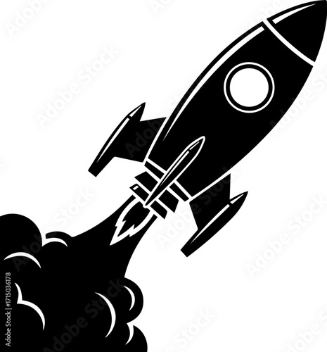 Dynamic rocket blasting off with powerful fiery exhaust, symbolizing launch and innovation