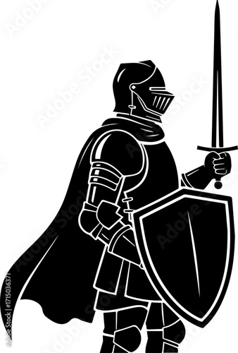 Brave knight in full armor holding sword and shield, ready for battle, heroic stance.