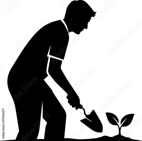 Dedicated gardener nurturing a vibrant seedling with a small shovel in rich soil, symbolizing growth.