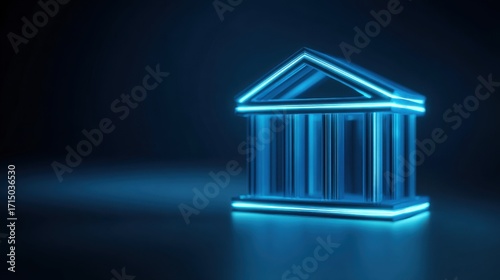 A digital rendering features a classic building design with columns and a triangular roof glowing in a striking blue hue.