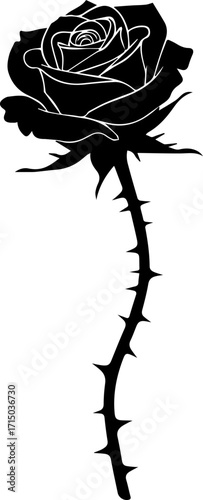 Elegant black rose silhouette with sharp thorns evokes passion and danger for dramatic design projects.