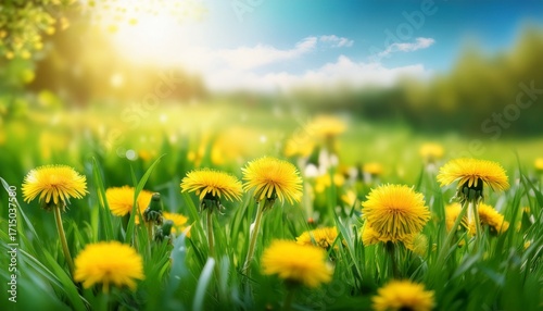 Green Grass And Yellow Dandelion Flowers In Spring Field