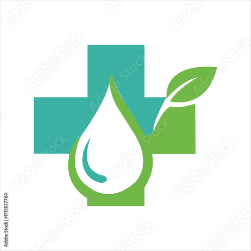 Teal Medical Cross with Water Droplet and Green Leaf Icon health healthcare