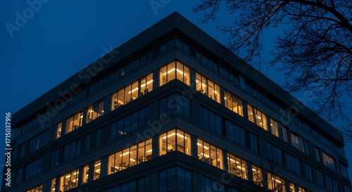Modern office building with illuminated windows at twilight, showcasing urban business architecture against a dark blue evening sky.