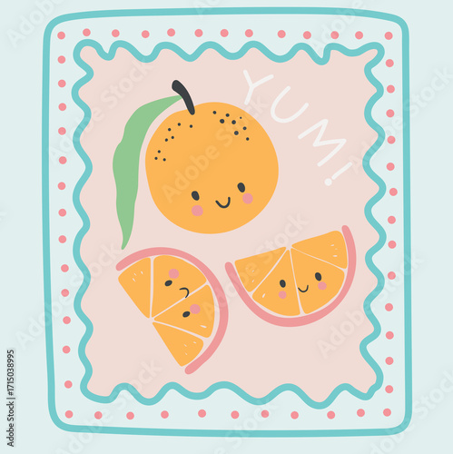 Cute orange graphic , yum text and background light aqua 