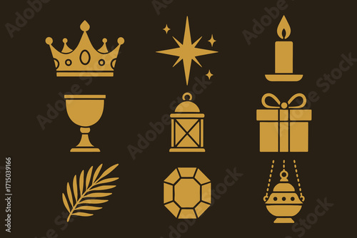 Golden religious symbols of royalty faith gifts and celebration on dark background