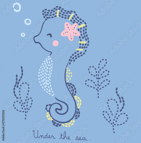 Cute seahorse, shell and starfish underwater. Vector illustration of marine life character, cute graphic for girls on blue background base.