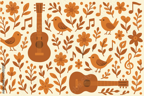 Whimsical folk art illustration of birds and guitars amidst floral and musical motifs