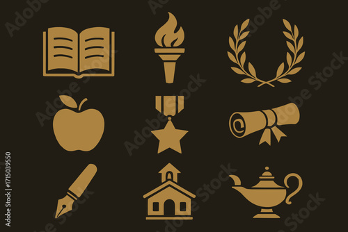 Golden education and achievement icons for learning and success