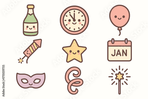Cute kawaii style new year celebration icons featuring champagne clock balloon and fireworks