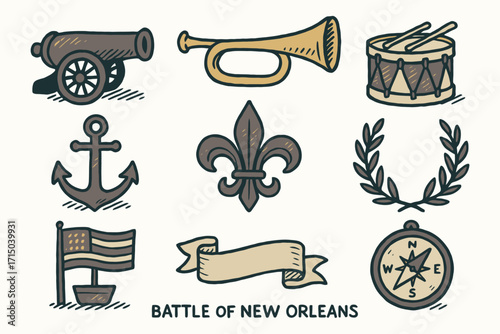 Vintage hand drawn illustrations of historical battle of new orleans symbols