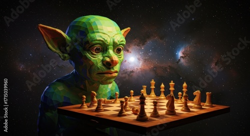 A lowpoly green goblin contemplates a game of chess against a cosmic backdrop