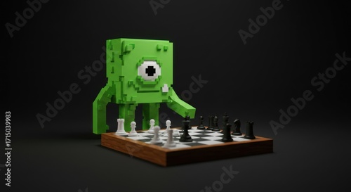A pixelated green monster plays chess on a chessboard