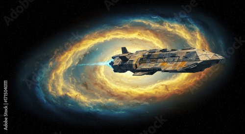 A spaceship traverses a nebula emitting a blue trail Stars fill the dark space surrounding it