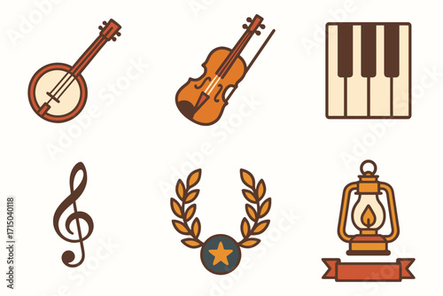 Collection of musical instruments and symbols with a lantern and laurel wreath