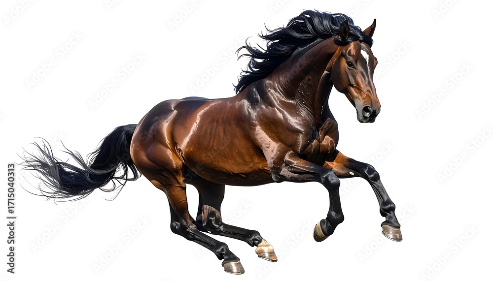 Naklejka premium A powerful, brown horse in mid-stride against a stark white background, showcasing its elegant musculature and flowing mane and tail.