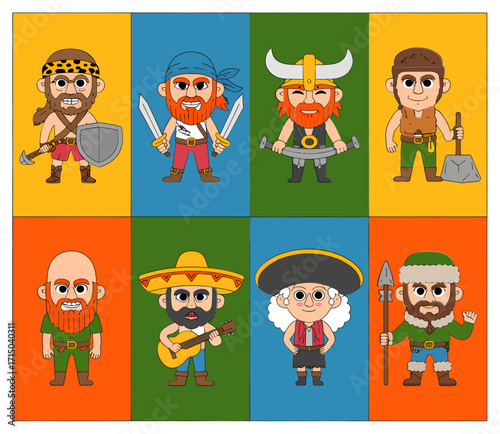 A vibrant and colorful illustration featuring a grid of eight distinct cartoon characters, each representing a different archetype or profession.