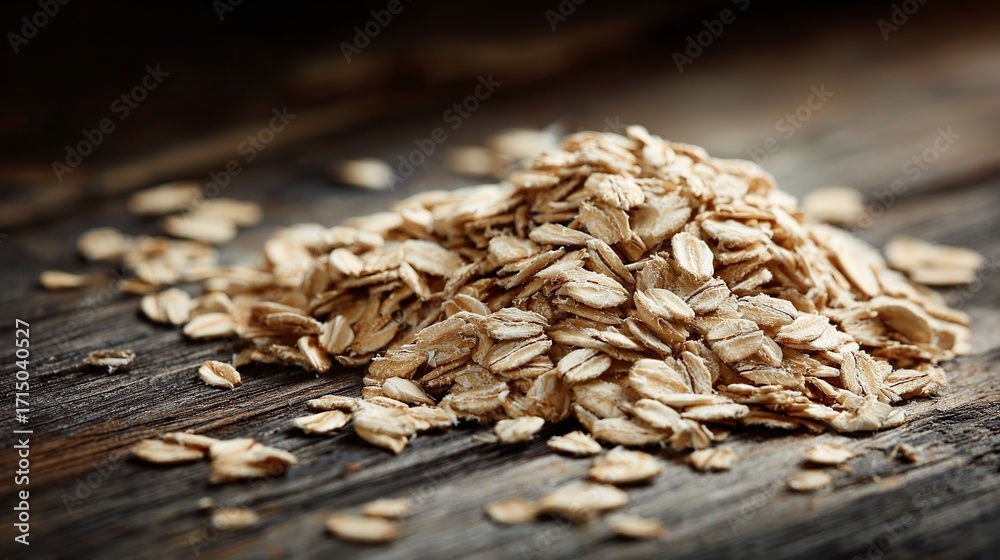Obraz premium A pile of wholesome rolled oats scattered on a rustic wooden surface, perfect for healthy breakfast inspiration.