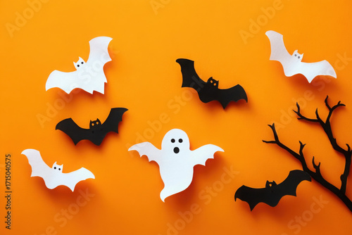 Halloween themed image with bats, ghost and tree branch on orange background.