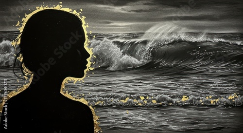 Silhouette of person with gold leaf halo stormy sea background