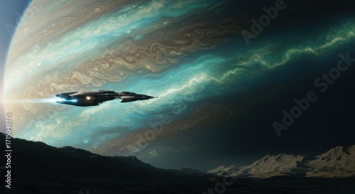 Spacecraft flies over rocky planet surface past a planet with turbulent cloud formations
