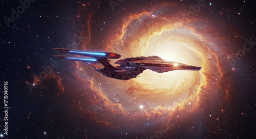 Starship flies in front of a celestial ring of orange nebula with starry space background