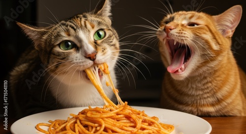 Two cats near spaghetti one eating the other yawning