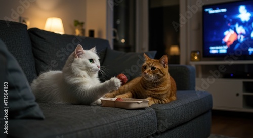 Two cats one white and one orange sit on a gray couch The white cat holds a meatball A television is in the background