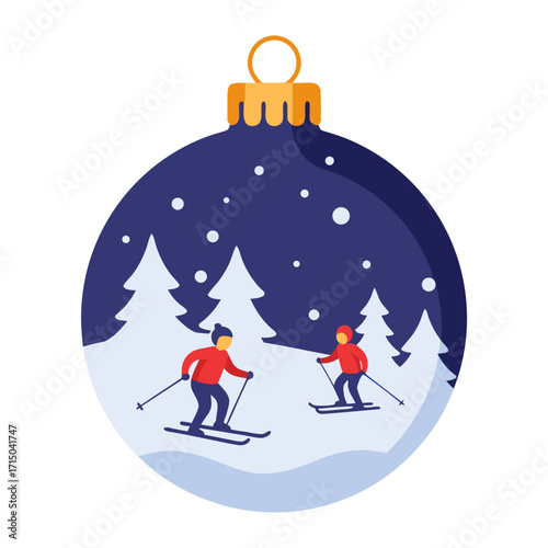 Christmas ornament with skiing scene depicting skiers in winter landscape, transparent background, isolated, vector  