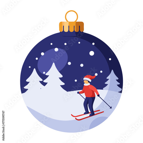 Christmas ornament with skiing scene featuring a skier in winter, transparent background, isolated, vector 